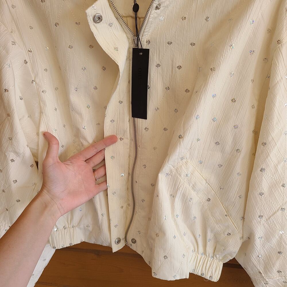 Dolce Cabo Bomber Jacket Bridal Embellished Balloon Sleeve Chic Ivory NWT Large - Picture 5 of 7